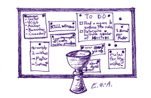 Graal établissant les règles de sa guerre à l'aide d'un tableau magnétique.